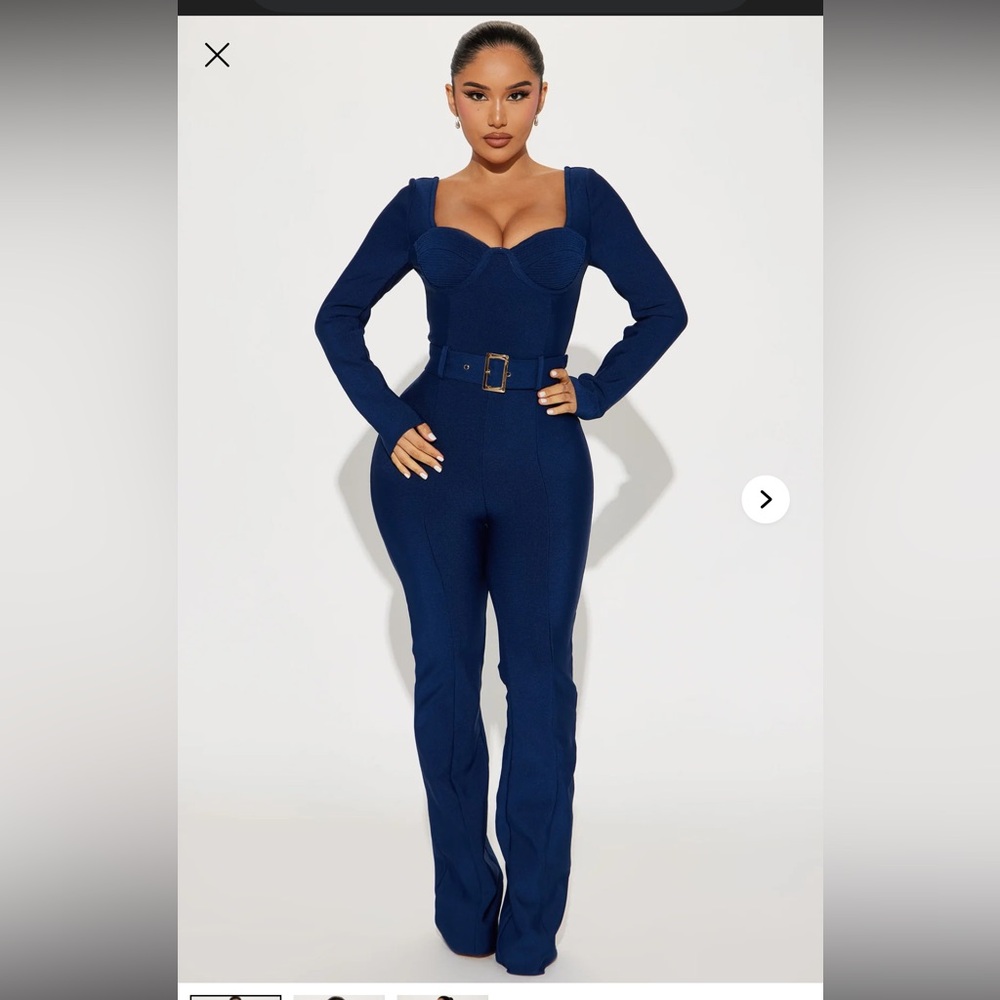 Fashion Nova Navy Long-Sleeve Belted Jumpsuit